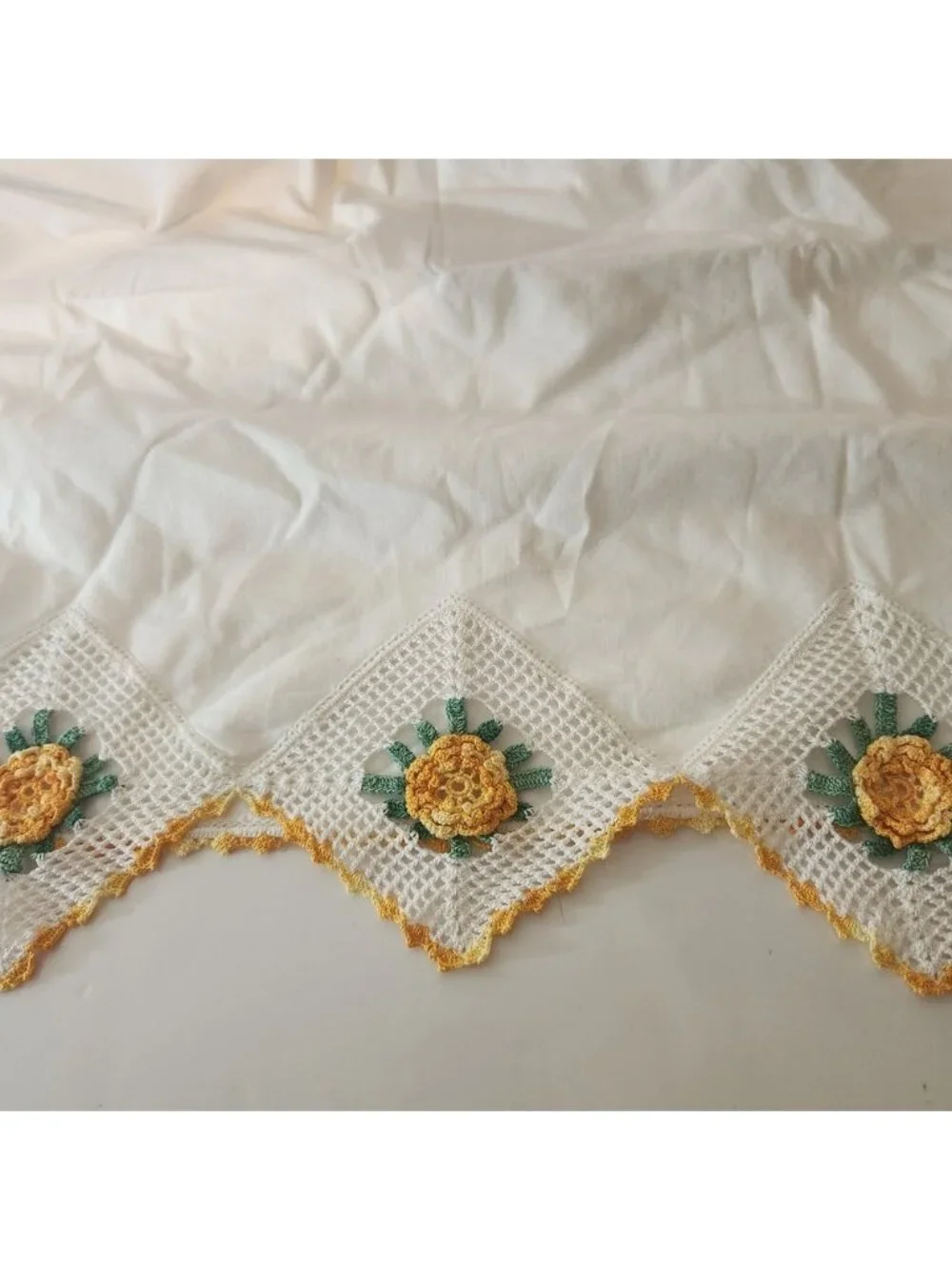 Vintage White Cotton Pillowcase Handmade Crochet Lace Yellow Flower Trim 20x34